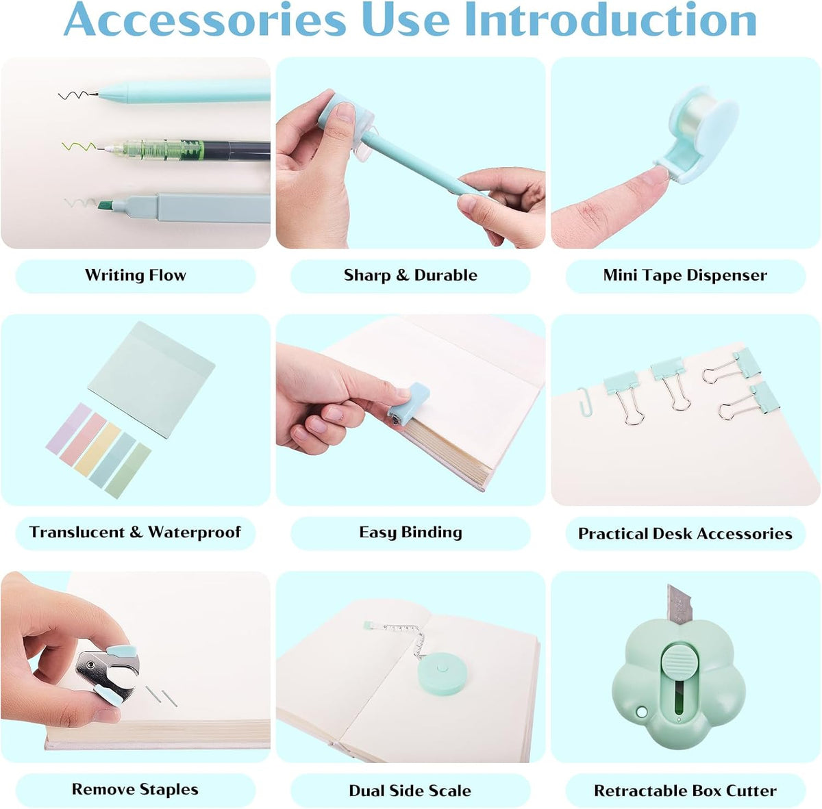 Mini Office Supplies, Teal Stapler with Staples and Tape Dispenser Set, Mini Stationary Kit Includes Sticky Notes Index Tabs Highlighters Gel Pens for Office & School Supplies (Teal)