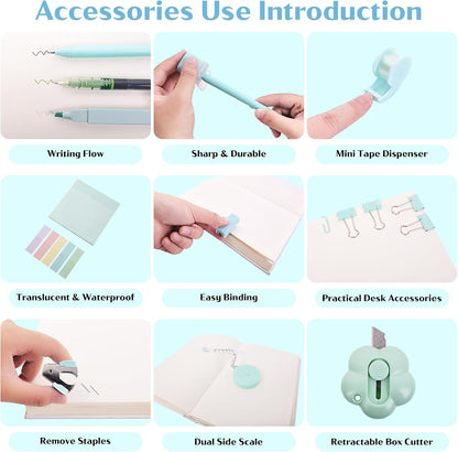 Mini Office Supplies, Teal Stapler with Staples and Tape Dispenser Set, Mini Stationary Kit Includes Sticky Notes Index Tabs Highlighters Gel Pens for Office & School Supplies (Teal)