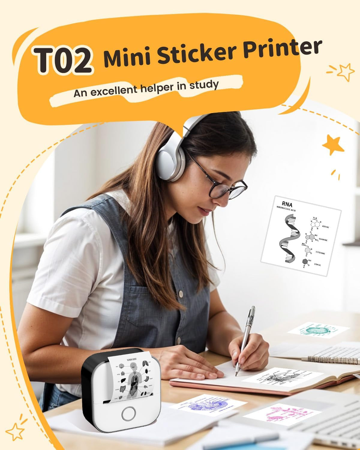 T02 Mini Sticker Printer & 3 Rolls Paper, Black