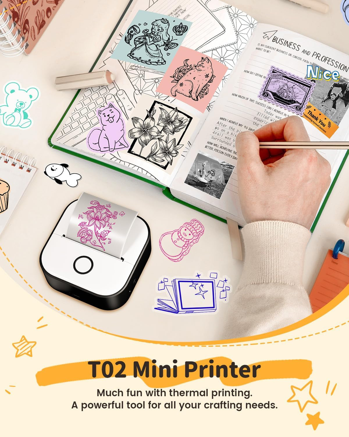 T02 Mini Sticker Printer & 3 Rolls Paper, Black