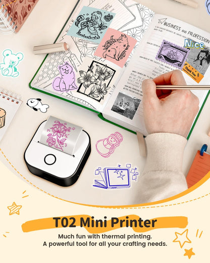 T02 Mini Sticker Printer & 3 Rolls Paper, Black