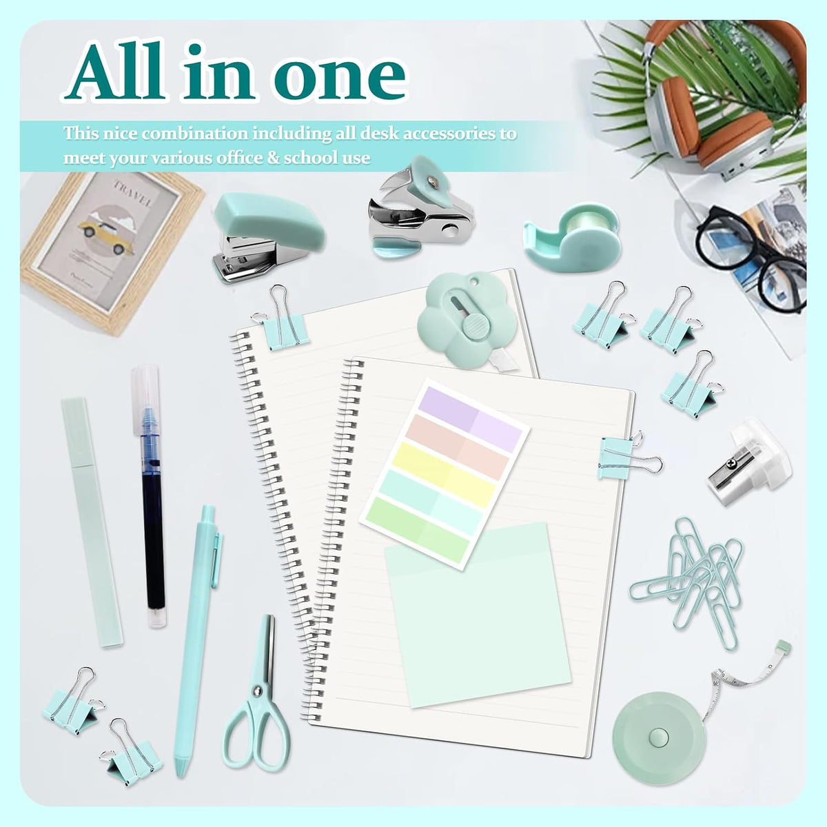 Mini Office Supplies, Teal Stapler with Staples and Tape Dispenser Set, Mini Stationary Kit Includes Sticky Notes Index Tabs Highlighters Gel Pens for Office & School Supplies (Teal)