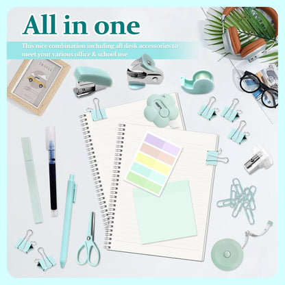 Mini Office Supplies, Teal Stapler with Staples and Tape Dispenser Set, Mini Stationary Kit Includes Sticky Notes Index Tabs Highlighters Gel Pens for Office & School Supplies (Teal)