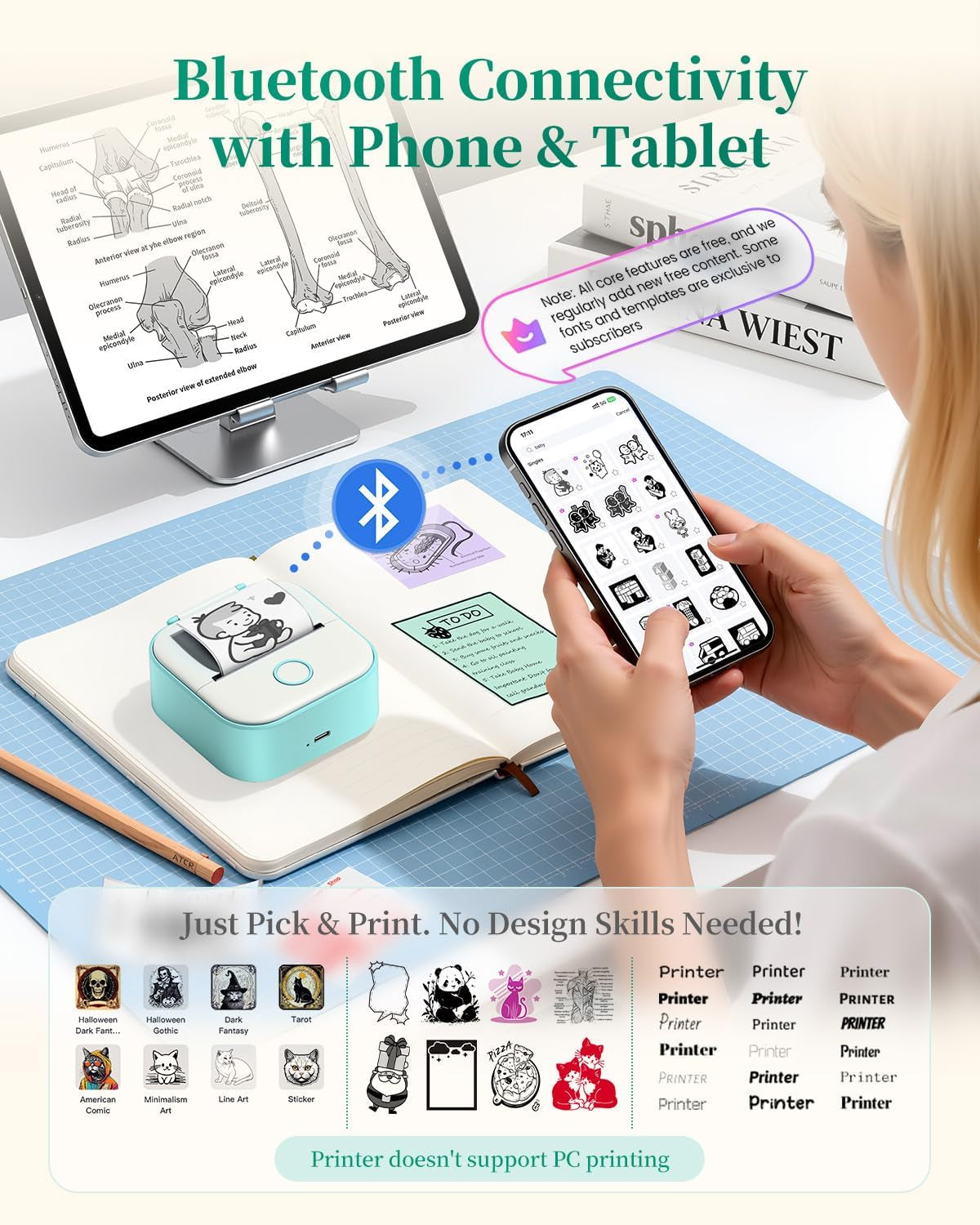 Mini Sticker Printer-T02 Mini Thermal Printer AI Sticker Maker with 600 Pcs